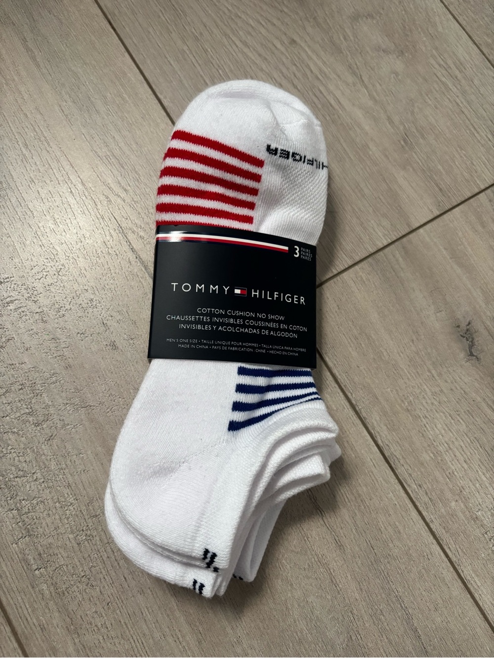 Tommy Hilfiger Men's White No-Show Socks with Red & Navy Stripes